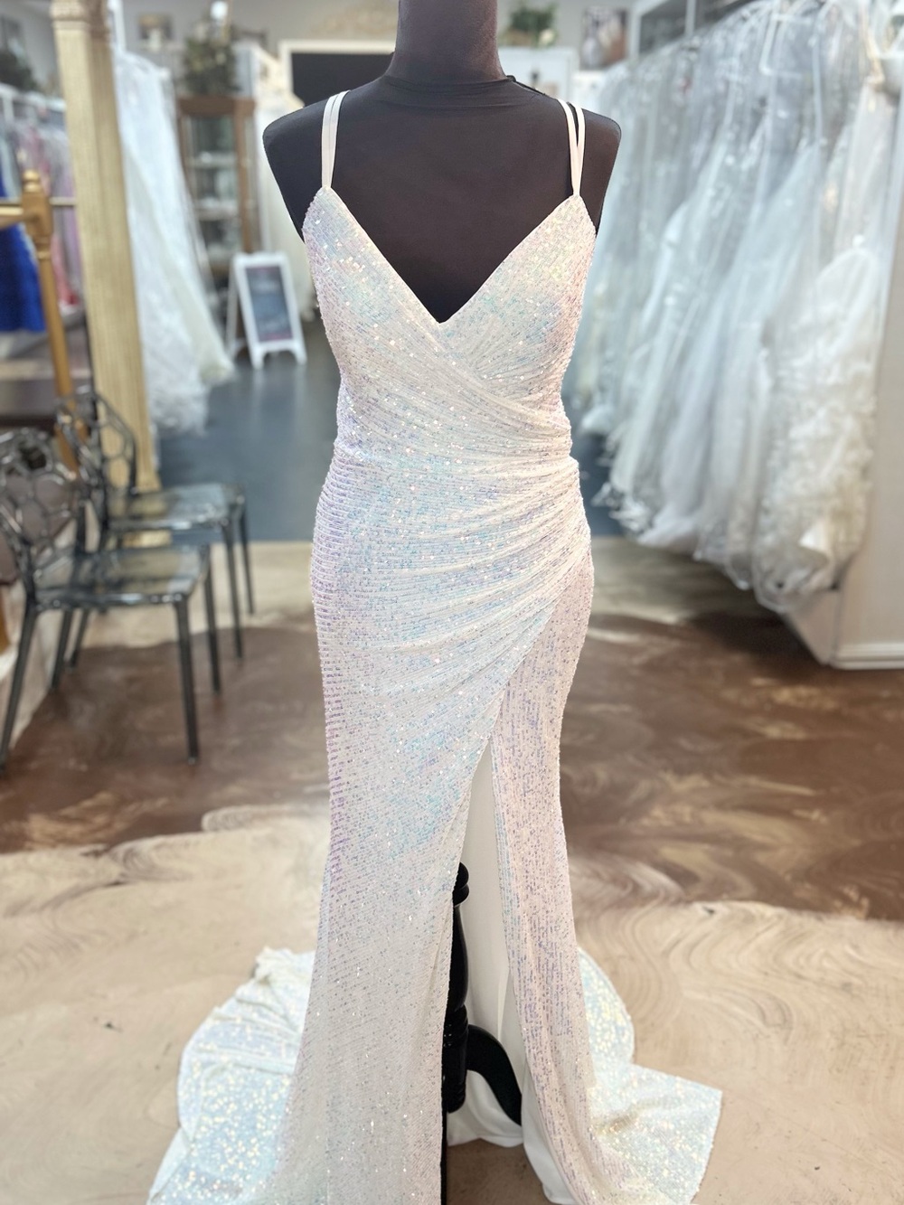 Alyce Paris White Iridescent Sequin Prom Dress
